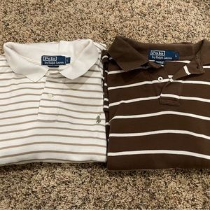 Two striped Polo shirts.  Tan & Brown - Both size Large